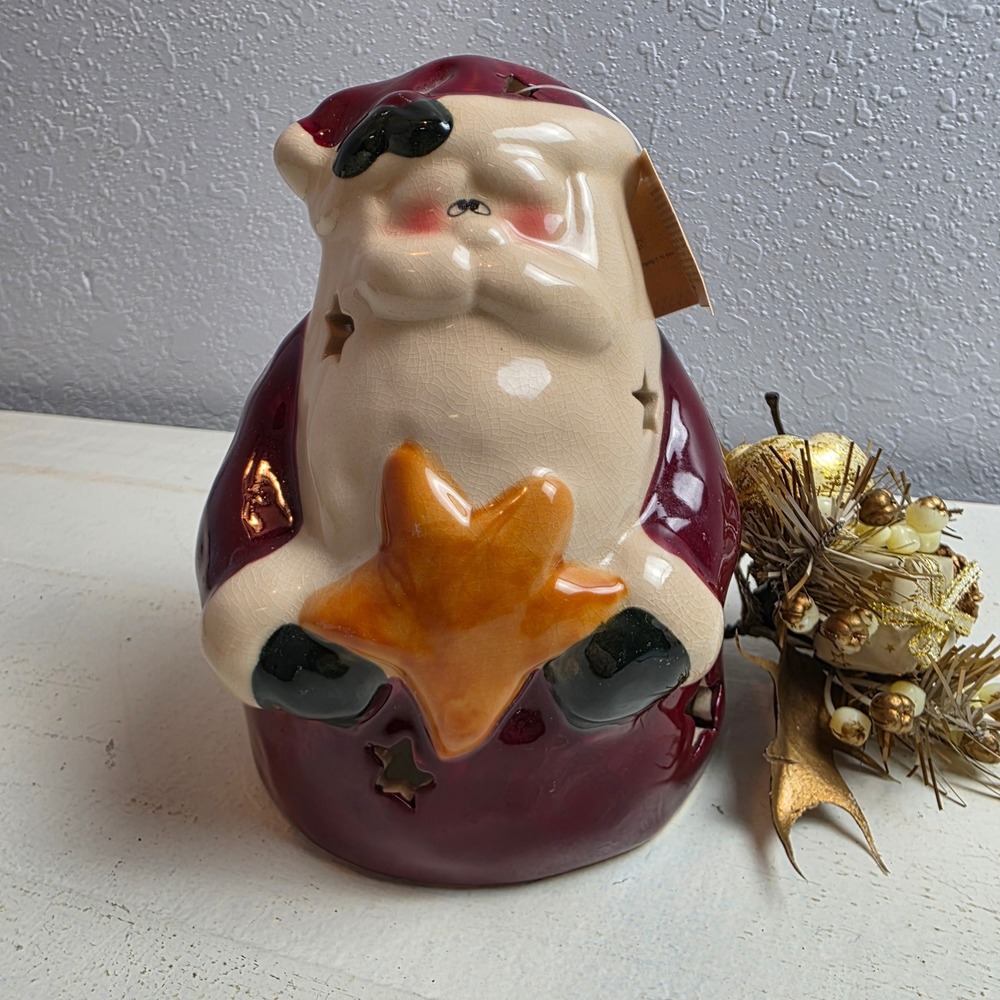 NWT Vintage Crazy Mountain Santa Claus Stars Ceramic Lantern‎ Candle Christmas